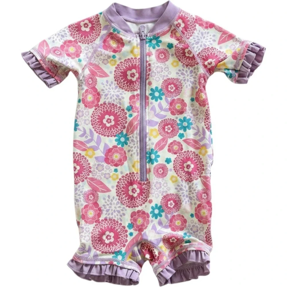 RuffleButts girls' short-sleeve one-piece rash guard swimsuit floral 2T vacation